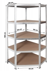 Kovový rohový regál ZEUS 180 x 90 x 70 x 40 cm 5 polic TC-081